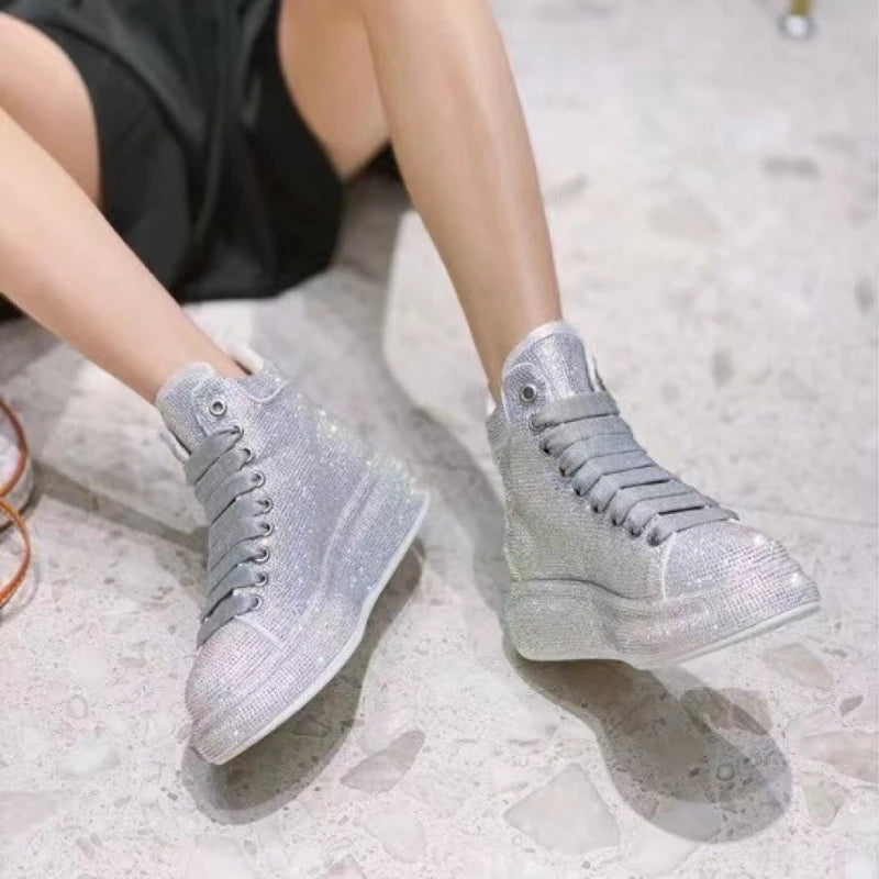 Sneakers Femme Montantes Strass & Fourrure – Cuir Véritable | Zip | Talon 3-5cm | 4 Coloris | Tailles 35-40