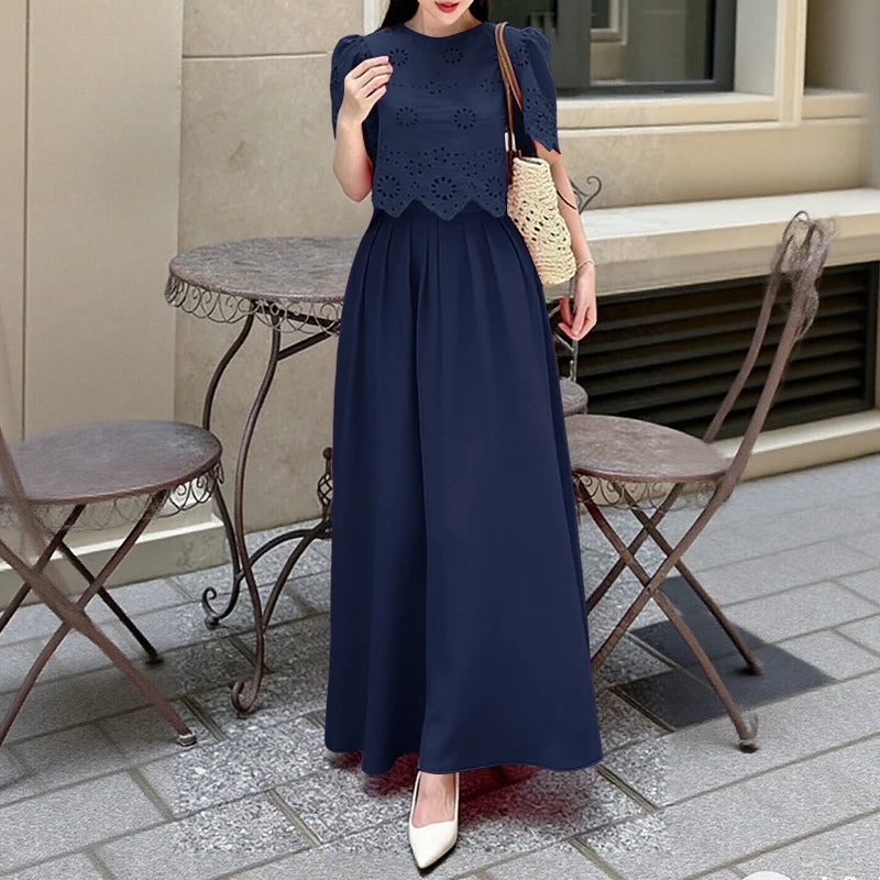 Ensemble 2 Pièces Femme Top Brodé Ajouré Manches Courtes Jupe Longue A-Line Style Bohème Été – CLEVI Paris
