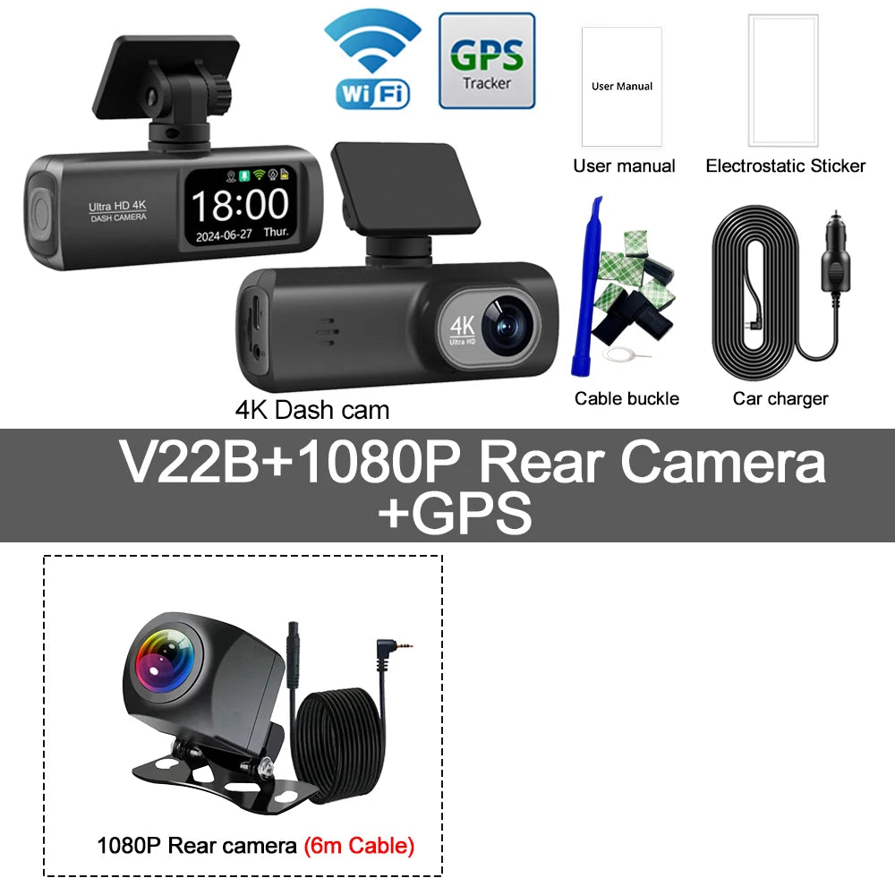 Dashcam 4K WiFi V22B – Double Objectif, GPS, Caméra Arrière 1080p, Surveillance Parking 24h – CLEVI Paris