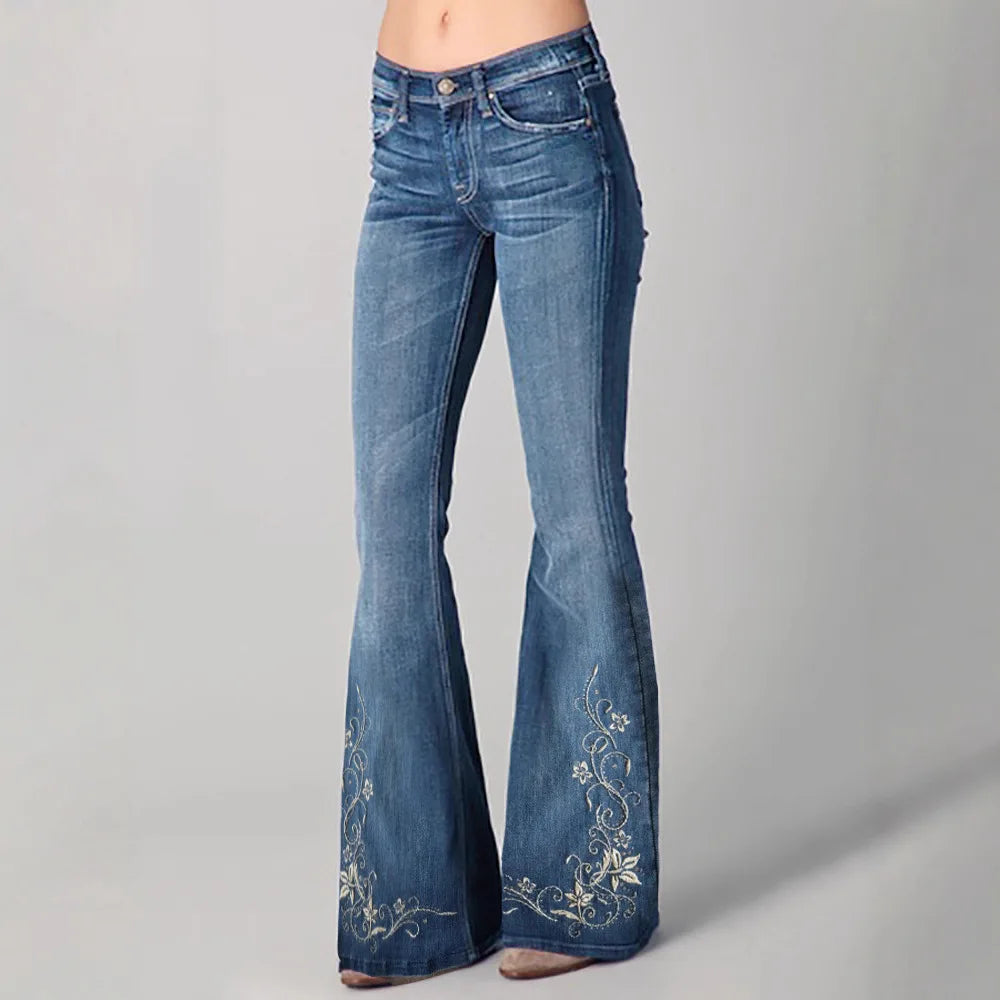Jean Femme Bootcut Imprimé 3D Denim Slim Brodé Style Américain Casual – CLEVI Paris