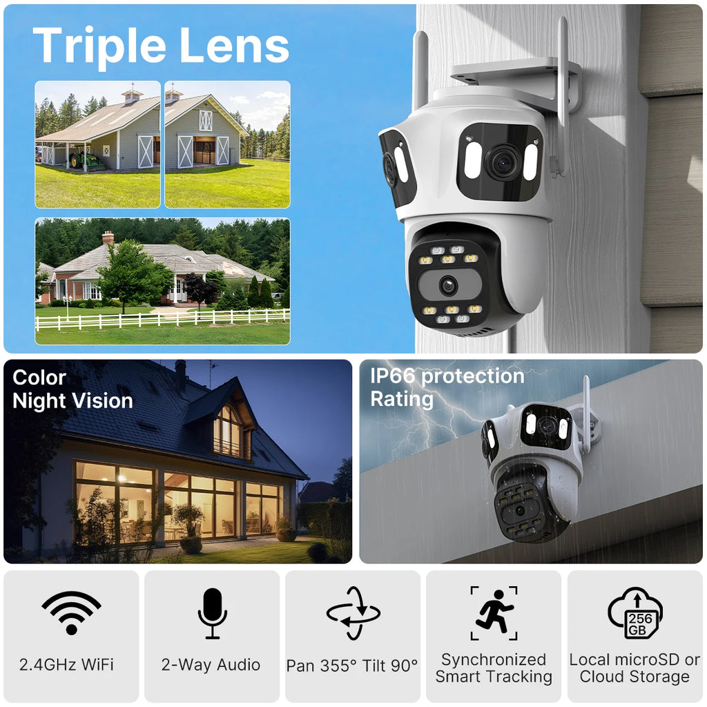 Caméra Surveillance WiFi PTZ 2/3 Objectifs — Vision Nocturne, IA & IP66 — CLEVI Paris