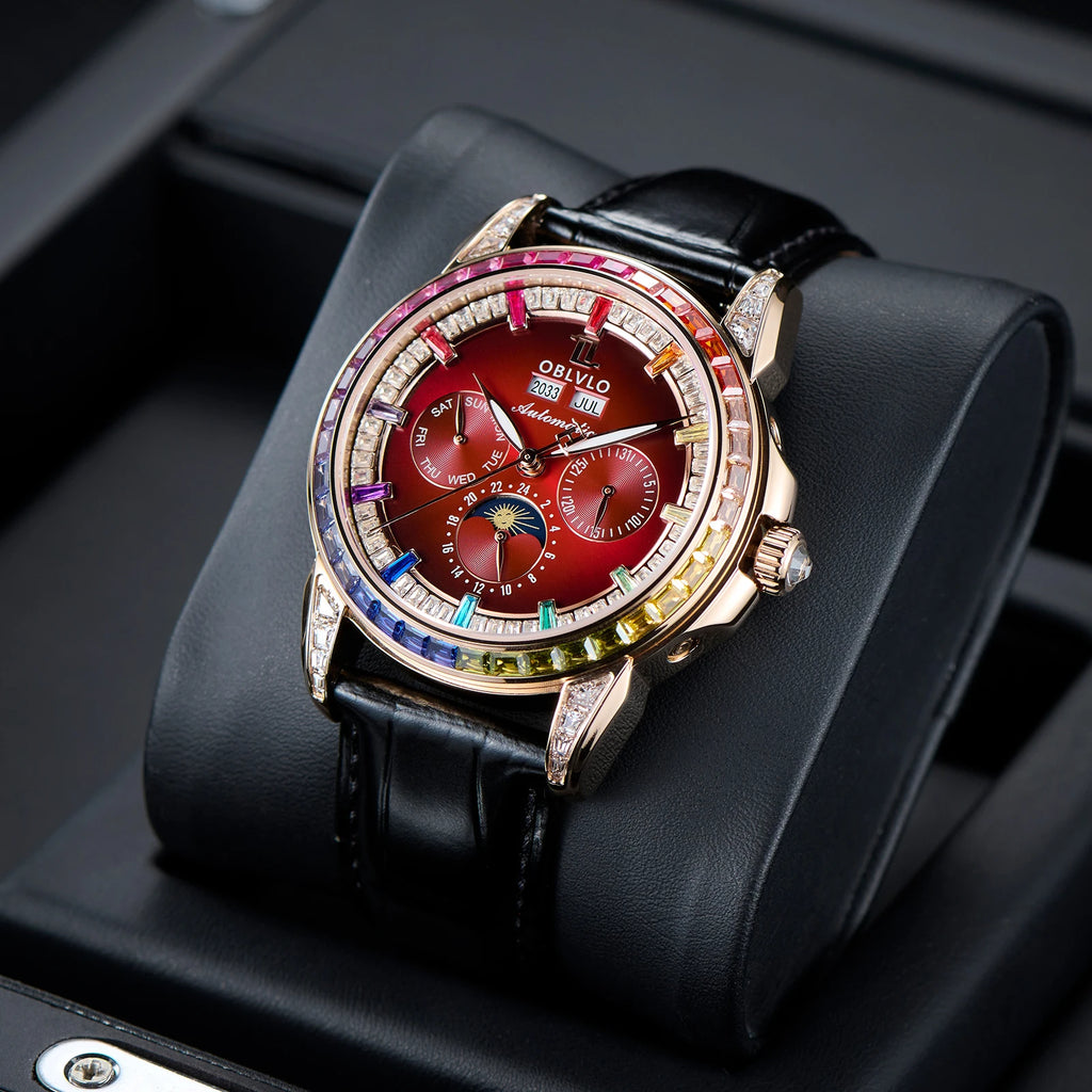 Montre Automatique Phase de Lune | Zircon Multicolore Bracelet Cuir – CLEVI Paris