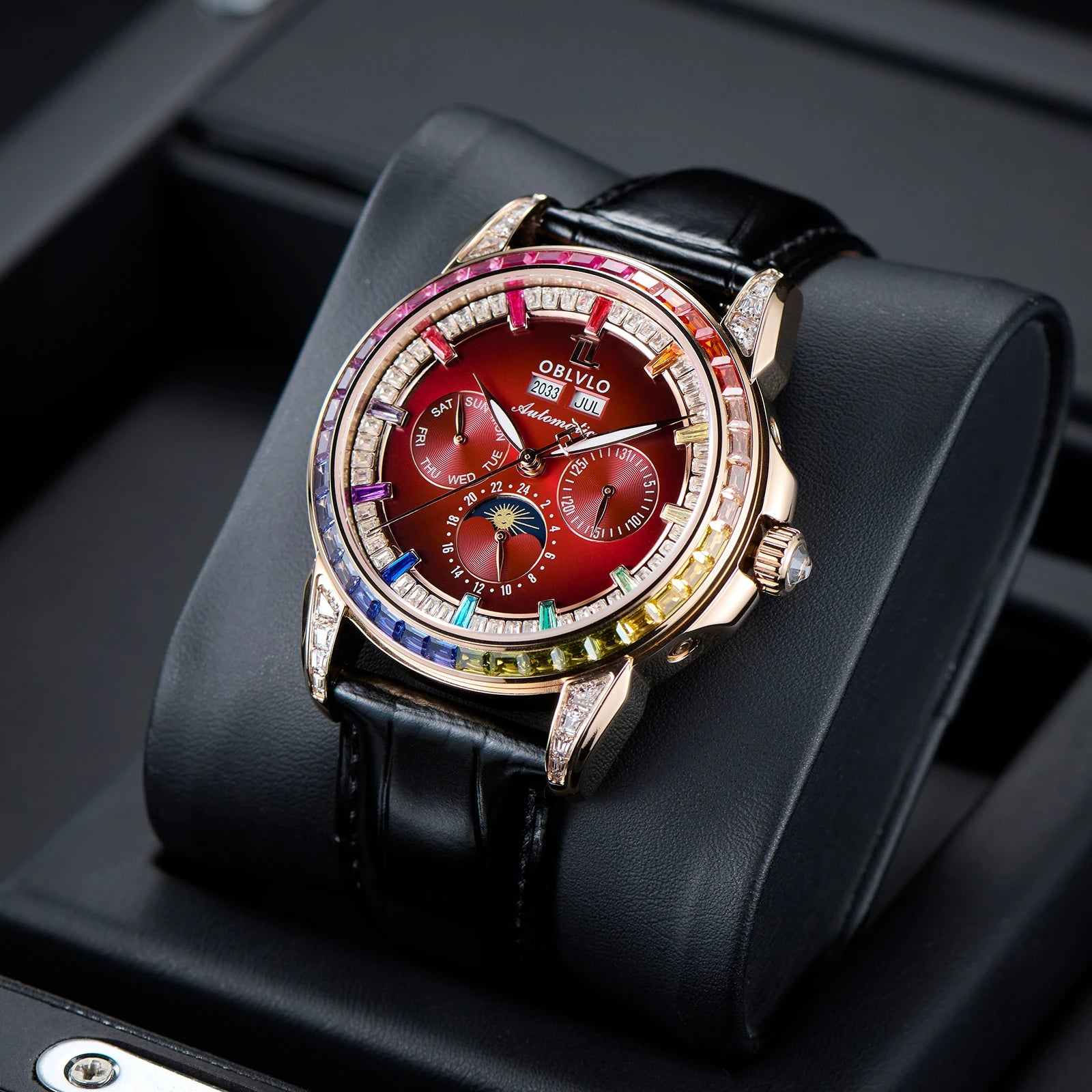 Montre Automatique Phase de Lune | Zircon Multicolore Bracelet Cuir – CLEVI Paris