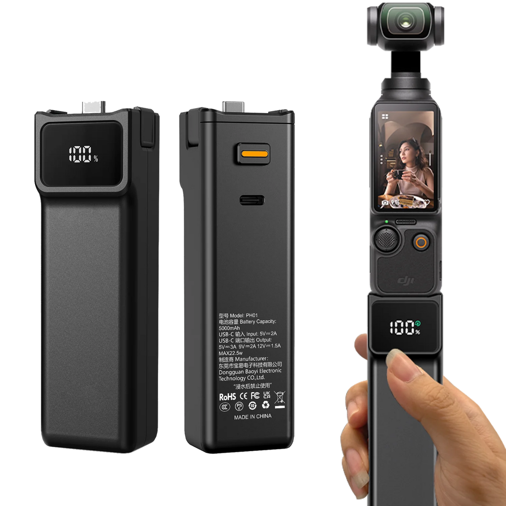 Poignée-Batterie 5000 mAh pour DJI Osmo Pocket 3/4 – 180 min, Écran Digital, USB-C