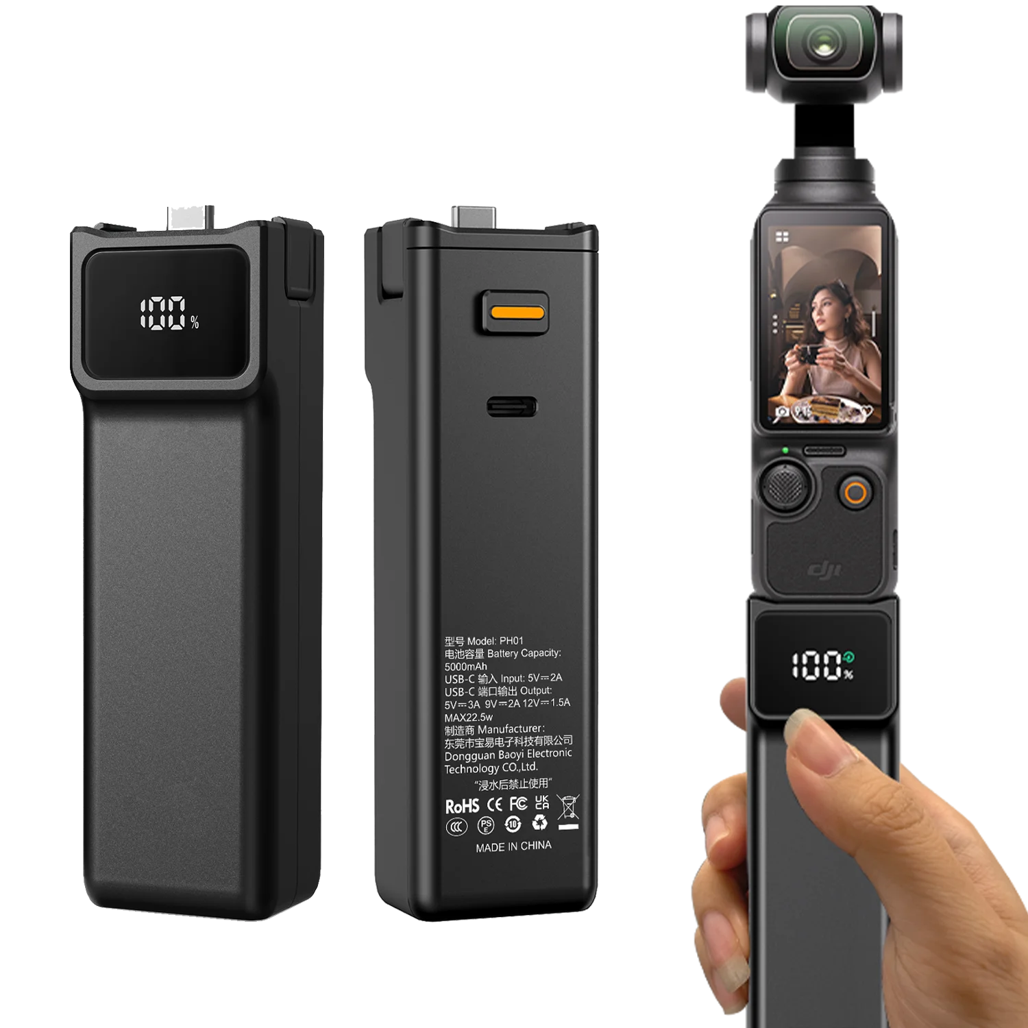 Poignée-Batterie 5000 mAh pour DJI Osmo Pocket 3/4 – 180 min, Écran Digital, USB-C