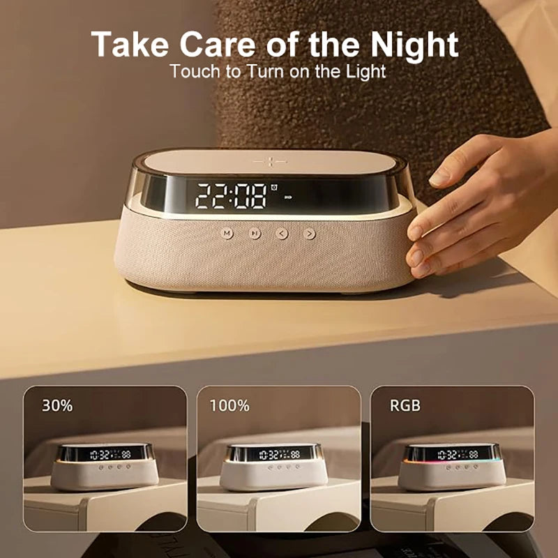 Réveil Intelligent 6-en-1 Chargeur Sans Fil 15W Enceinte Bluetooth Radio FM LED RGB – CLEVI Paris