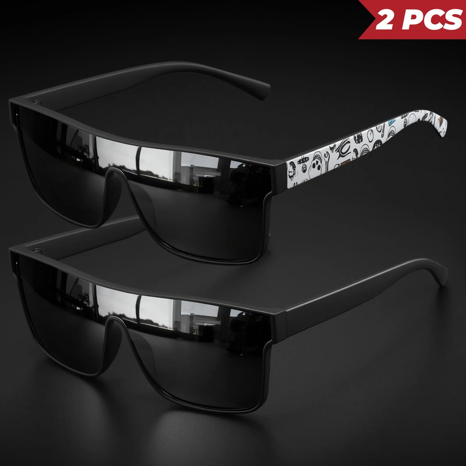 Lot 2 Lunettes de Soleil Carrées Unisexe UV400 Temples Motifs – CLEVI Paris