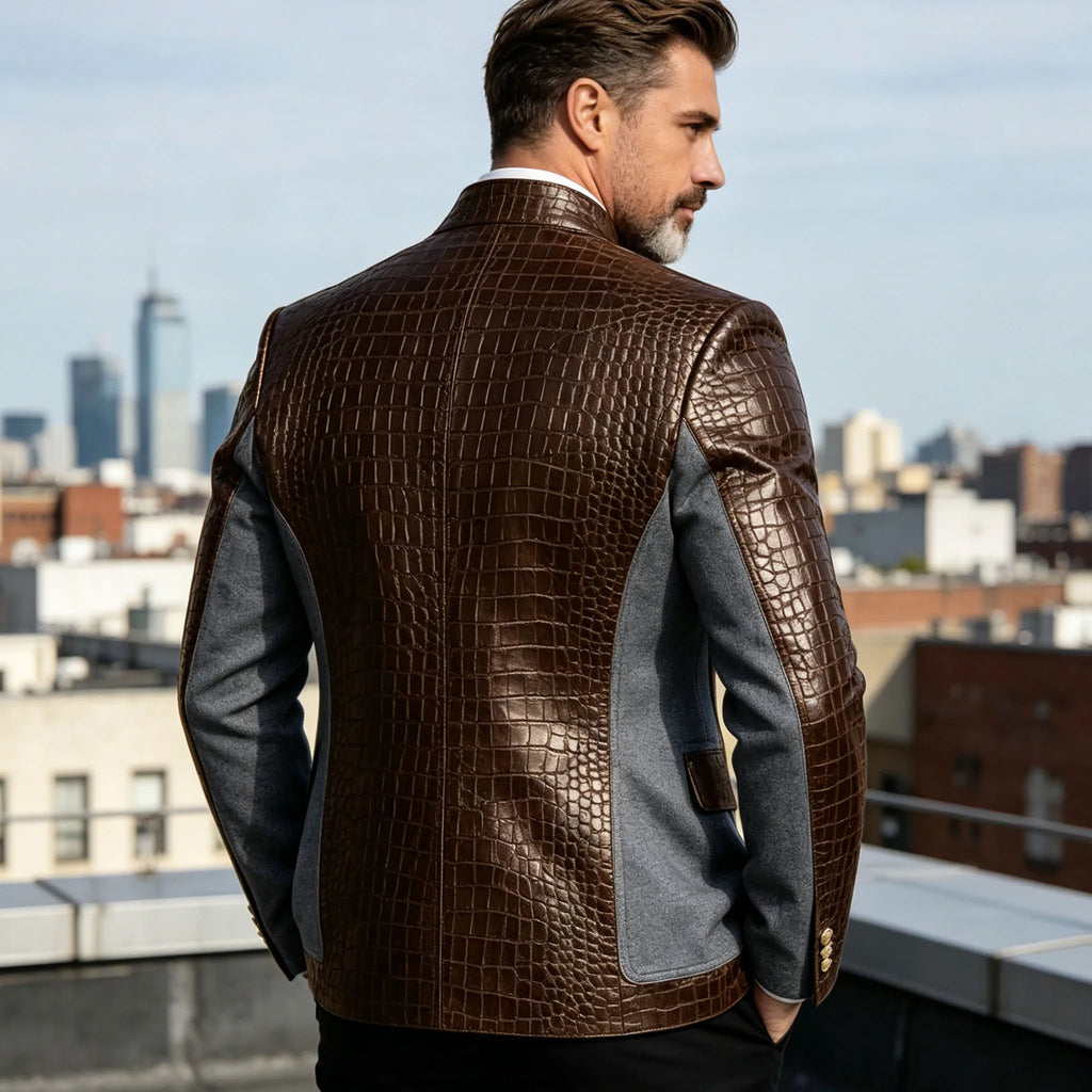 Blazer en cuir PU de luxe marron pour homme, effet croco, patchwork denim, col montant, coupe ajustée, idéal pour affaires, décontracté ou soirée