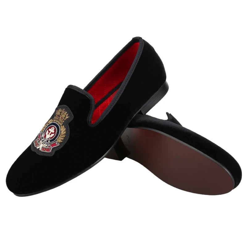 Mocassins Homme Velours Noir – Broderie Royale Faite Main, Slip-On, Soirée & Banquet | Tailles 37–50