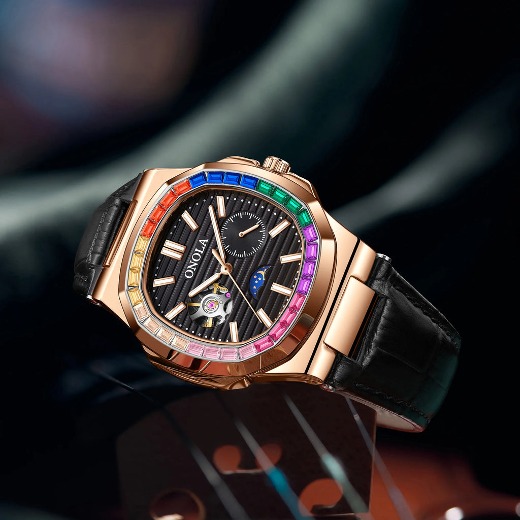 Montre ONOLA ON3855CH – Mécanique Automatique Squelette, Diamants, Bracelet Cuir, Étanche 3 ATM – CLEVI Paris