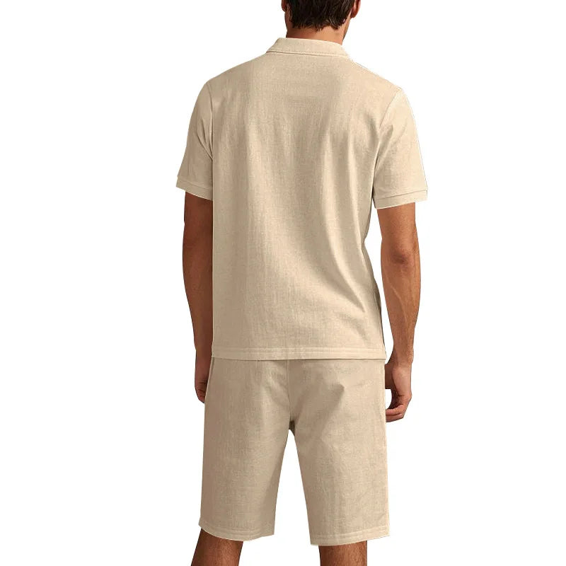 Ensemble 2 Pièces Homme Lin Chemise Polo Manches Courtes + Short Plage Casual Été – CLEVI Paris