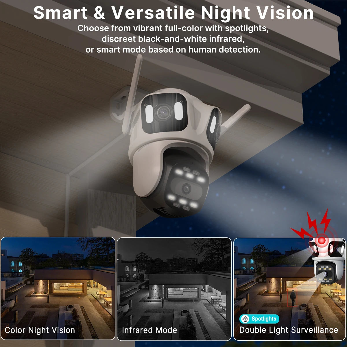 Caméra Surveillance WiFi PTZ 2/3 Objectifs — Vision Nocturne, IA & IP66 — CLEVI Paris