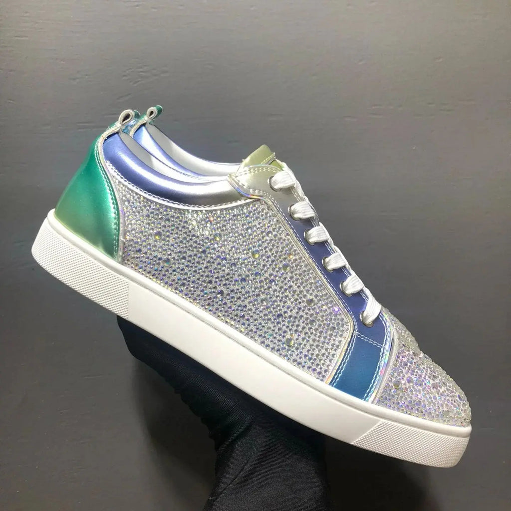 Sneakers Basses Cuir Véritable Bleu Gris Strass Argentés Rivets Semelle Rouge Homme – Tailles 35-48 – CLEVI Paris