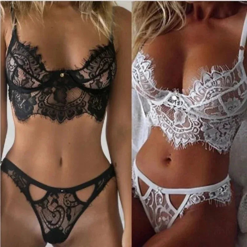 Ensemble Lingerie Dentelle Ultra-Fine Soutien-Gorge + String Transparent Sexy Femme Noir Blanc S-XXXL – CLEVI Paris