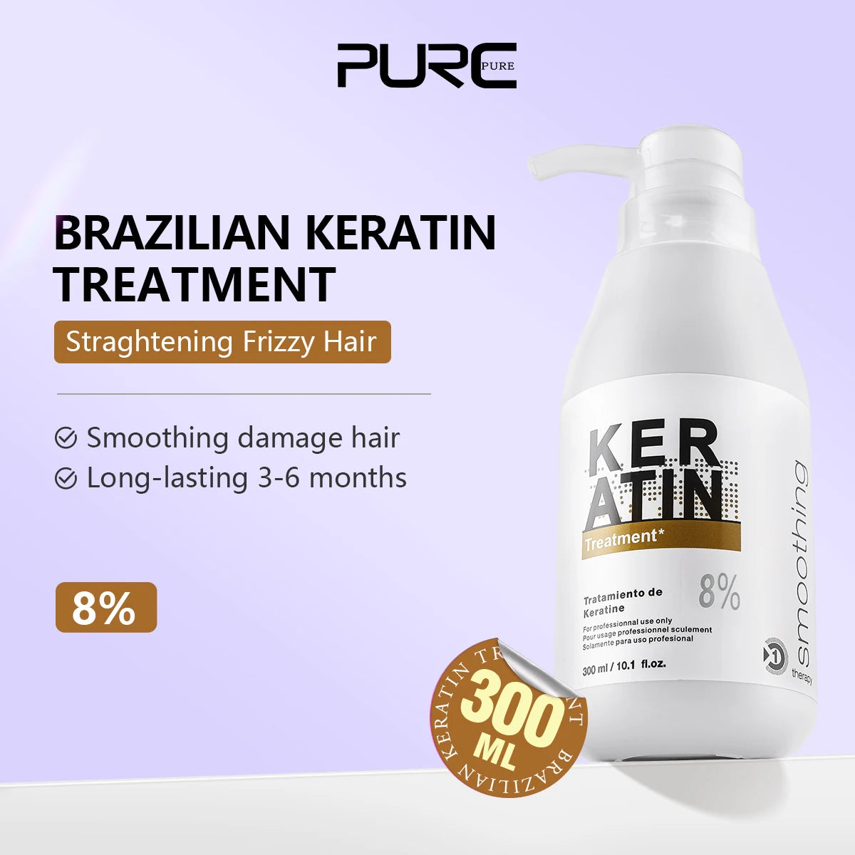 Traitement Kératine Brésilienne PURC 300ml – Lissage & Anti-Frisottis, 0% à 12%