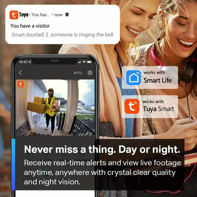 Sonnette Vidéo Connectée WiFi Tuya XBIBI – 2MP HD, Angle 170°, Audio Bidirectionnel, Vision Nocturne IR, Batterie 1000mAh