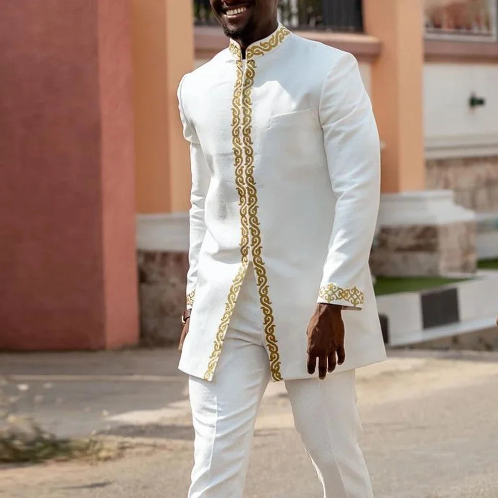 Kaftan Dashiki Homme 2 Pièces Brodé Manches Longues Col Rond + Pantalon Élastique Style Africain Mariage Fête M-4XL – CLEVI Paris