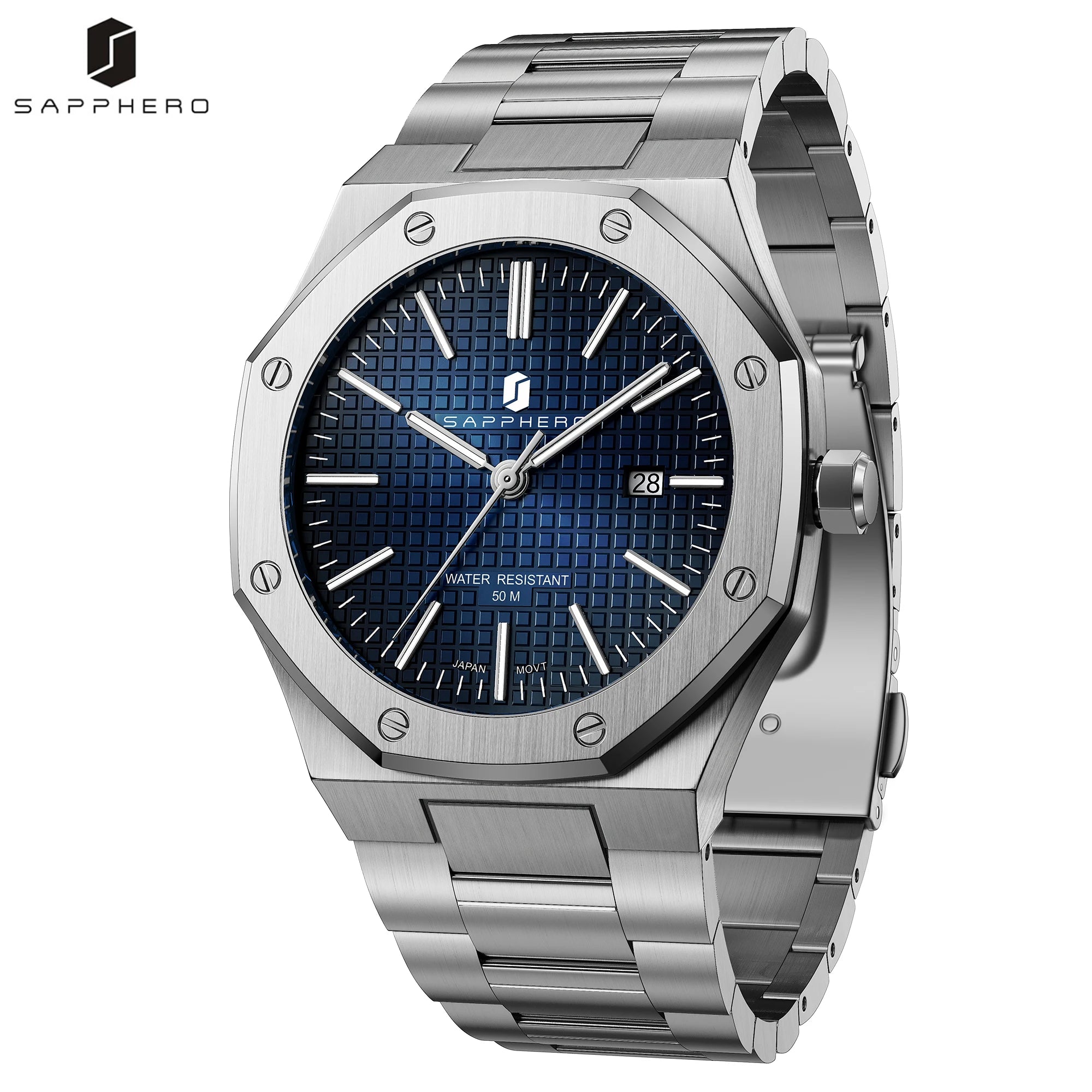 Montre SAPPHERO SO2110 – Quartz Seiko TMI PC32, Acier 316L, Cadran Octogonal, Date, Aiguilles Lumineuses, Étanche 5 ATM – CLEVI Paris