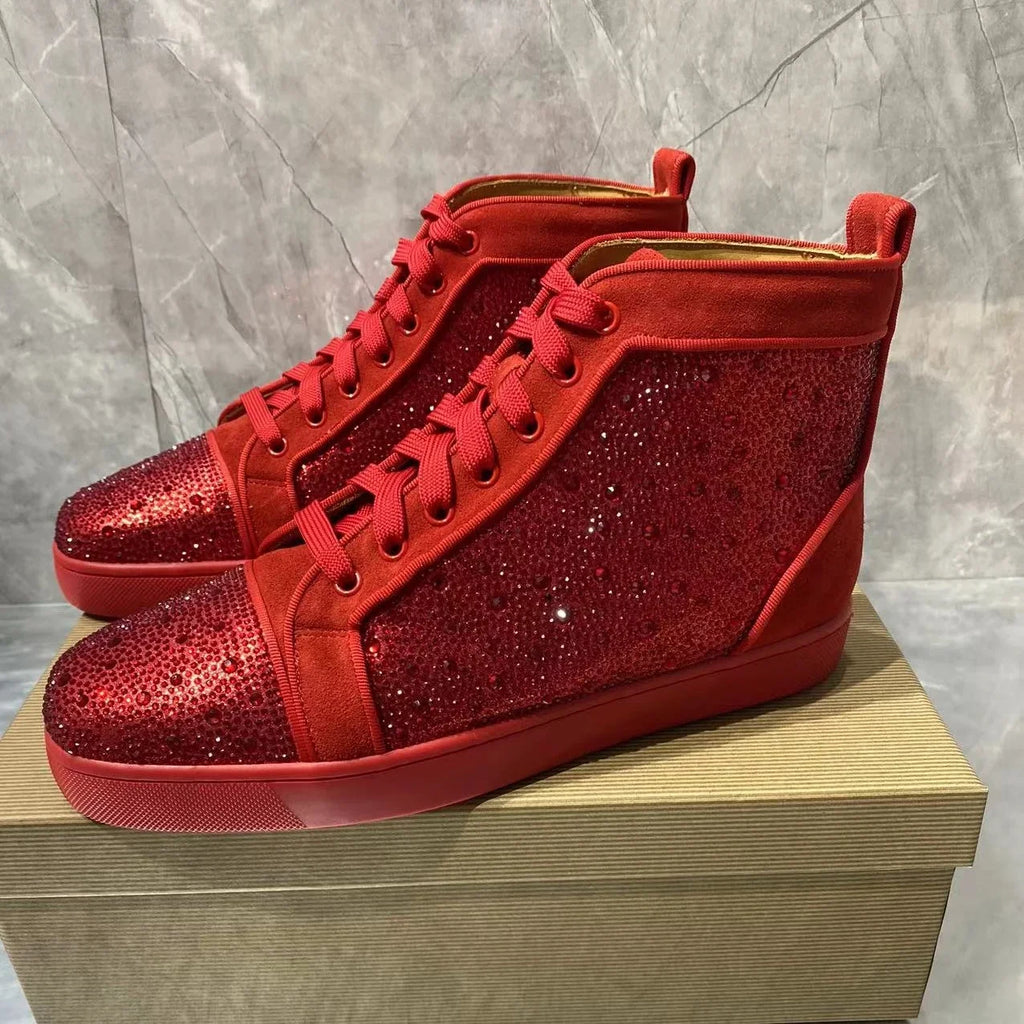 Sneakers Montantes Rouge – Strass, Lacets, Bout Rond | Femme & Homme | Tailles 36–47