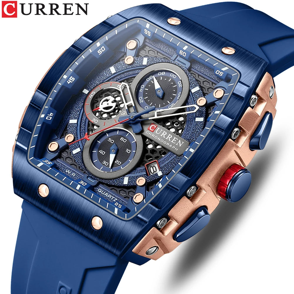 CURREN Montre Quartz Homme Rectangulaire Chronographe Silicone Lumineux 47mm Mouvement Japonais – CLEVI Paris