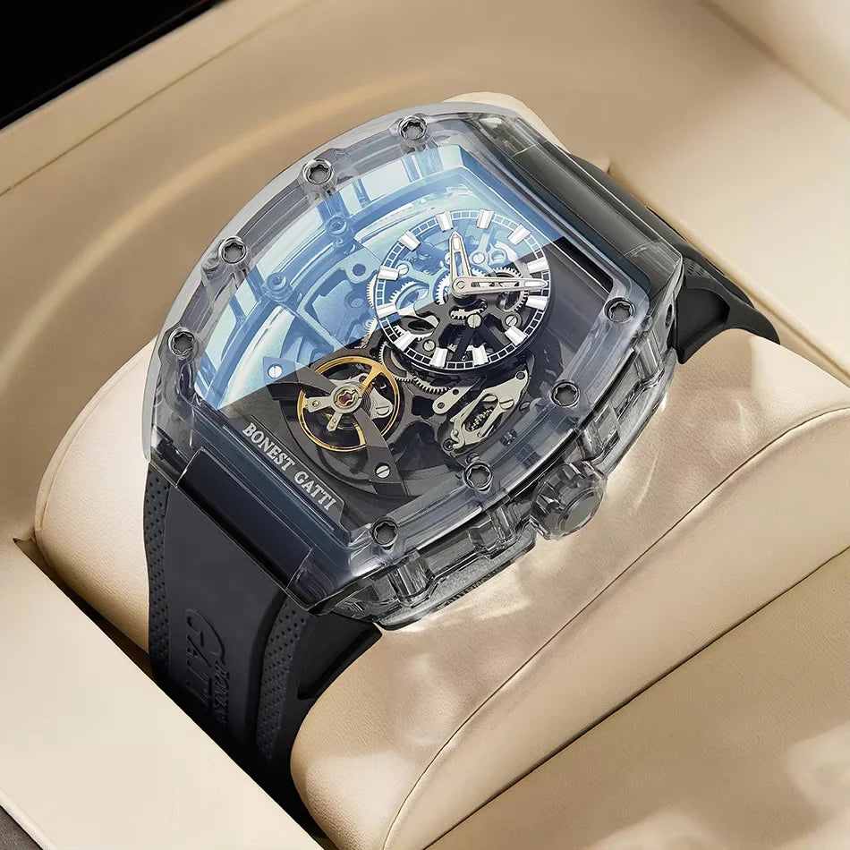 Montre Homme BONEST GATTI BG-9960 – Squelette Automatique, Verre Saphir, Bracelet Caoutchouc