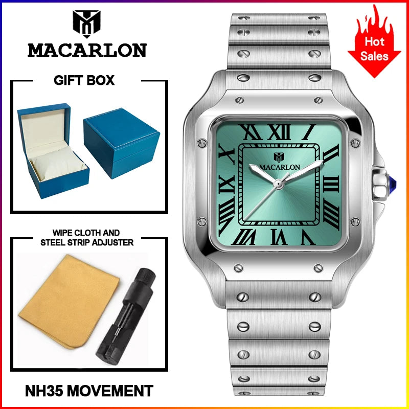 Montre Mécanique Homme MACARLON 1715 – 38mm, Saphir, NH35 Automatique & Étanche 100m