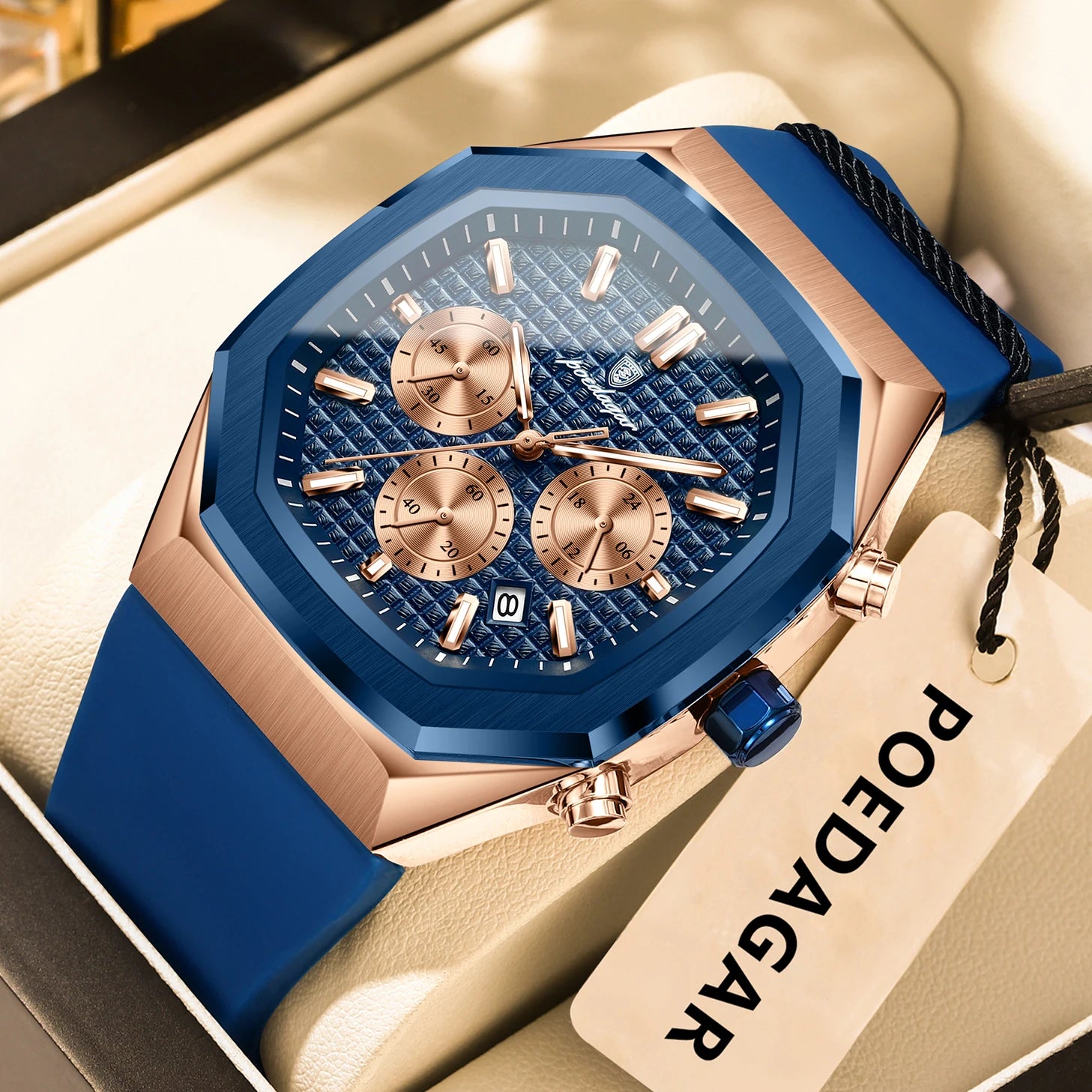 POEDAGAR Montre Quartz Homme Chronographe Carré Silicone Lumineux Date Auto – CLEVI Paris