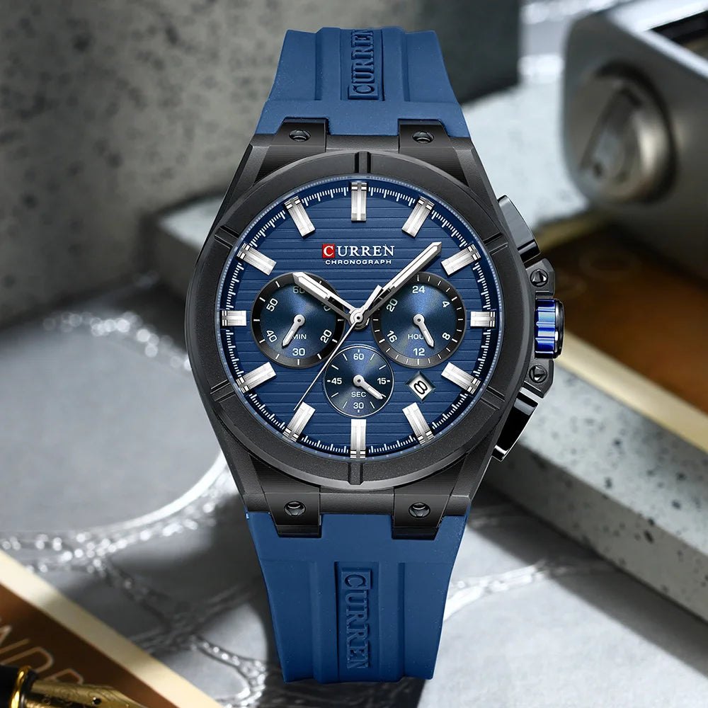 Montre Quartz Homme CURREN 8487 – Chronographe, Bracelet Silicone & Écrin | 5 Coloris