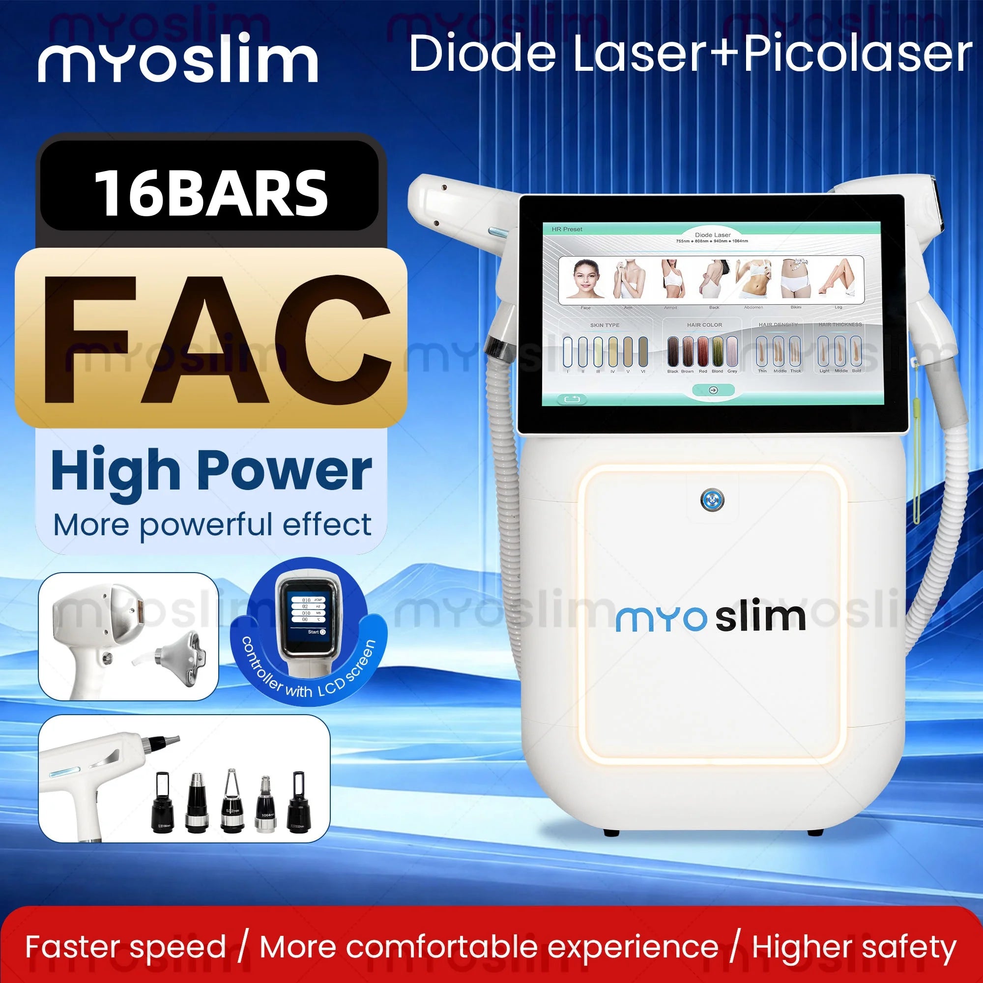 Machine 2-en-1 MYOSLIM Laser Diode FAC 755/808/940/1064nm + Picoseconde Épilation Détatouage 10/16 Barres – CLEVI Paris
