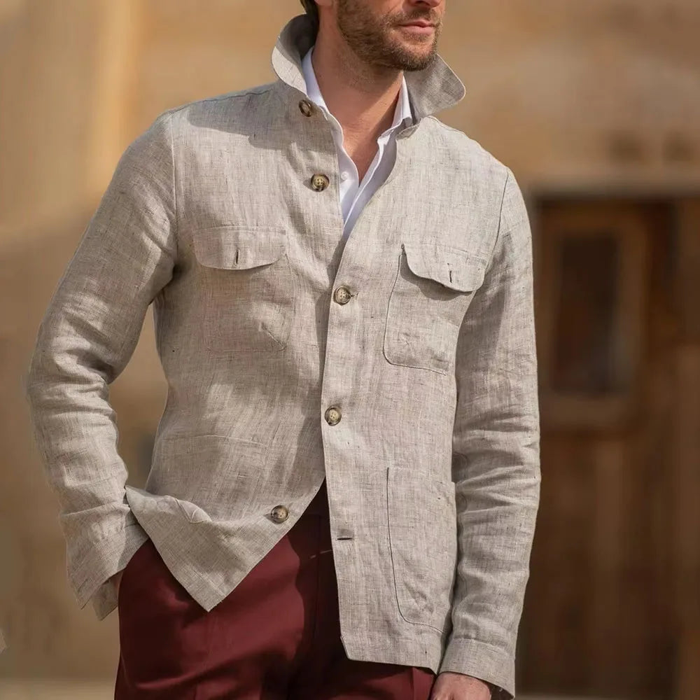 Veste Safari Lin Homme Col Montant – CLEVI Paris