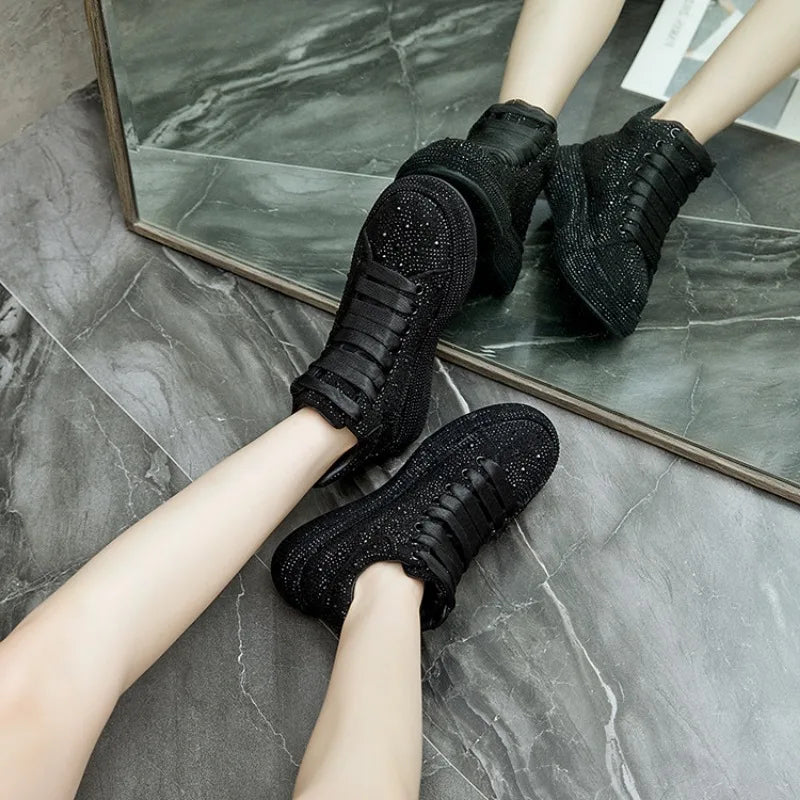Sneakers Femme Montantes Strass & Fourrure – Cuir Véritable | Zip | Talon 3-5cm | 4 Coloris | Tailles 35-40