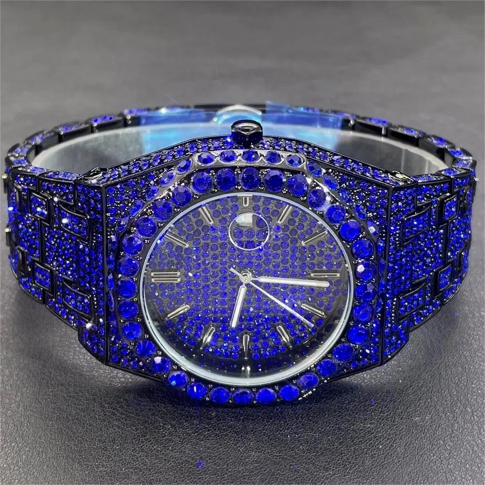 MISSFOX V359 – Montre Quartz Homme Hip Hop | Full Diamants, Plaqué Or 18K, Acier Inoxydable