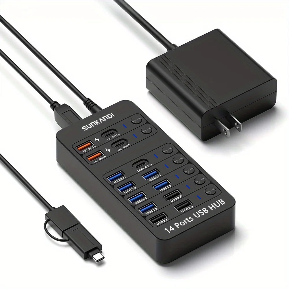 Hub USB Alimenté SUNKANDI 14-en-1 LED ON/OFF USB 3.0 2.0 Charge A/C Noir – CLEVI Paris