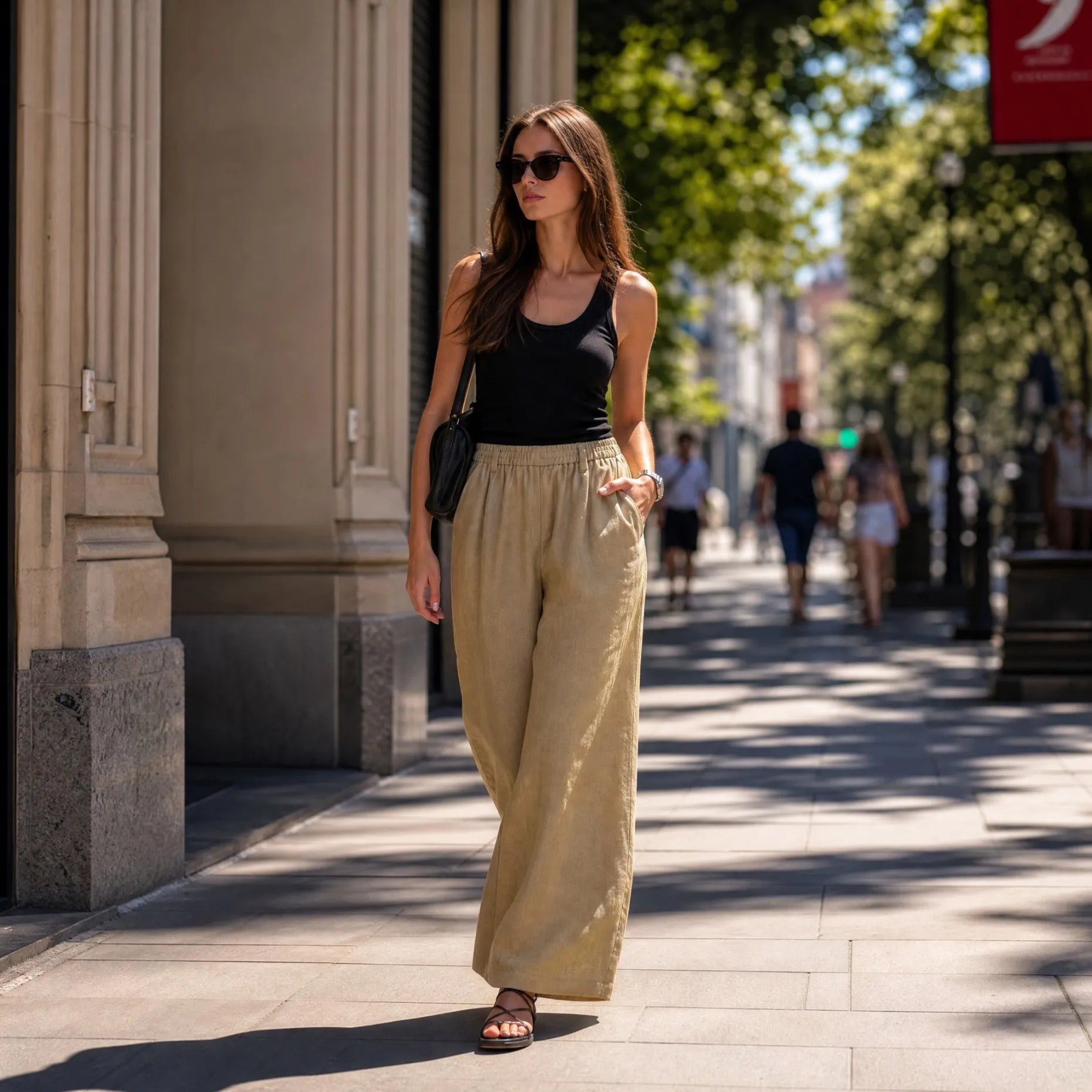Pantalon Large Femme Taille Mi-Haute À Carreaux Coton Soie Coupe Ample Longueur Mollet Élégant OL Beige – CLEVI Paris