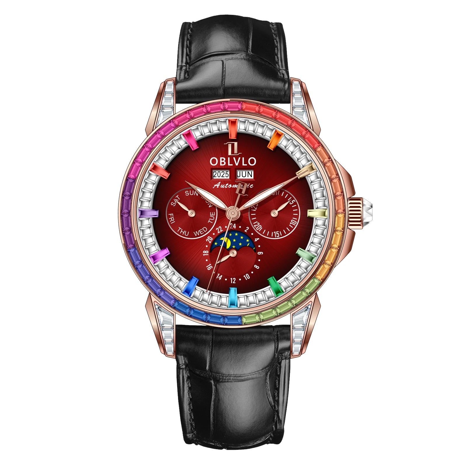 Montre Automatique Phase de Lune | Zircon Multicolore Bracelet Cuir – CLEVI Paris