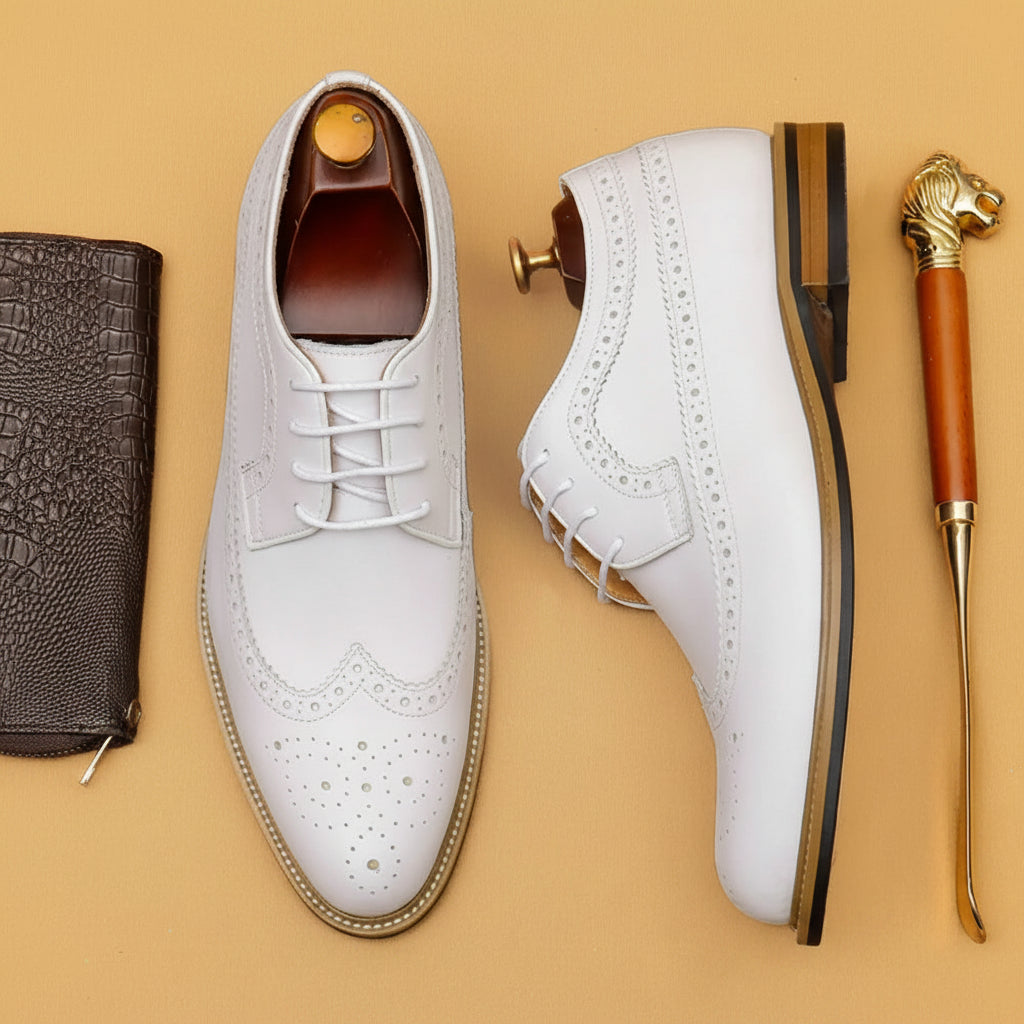 Richelieu Brogue Cuir Véritable Homme | Oxford Blanc Mariage – CLEVI Paris