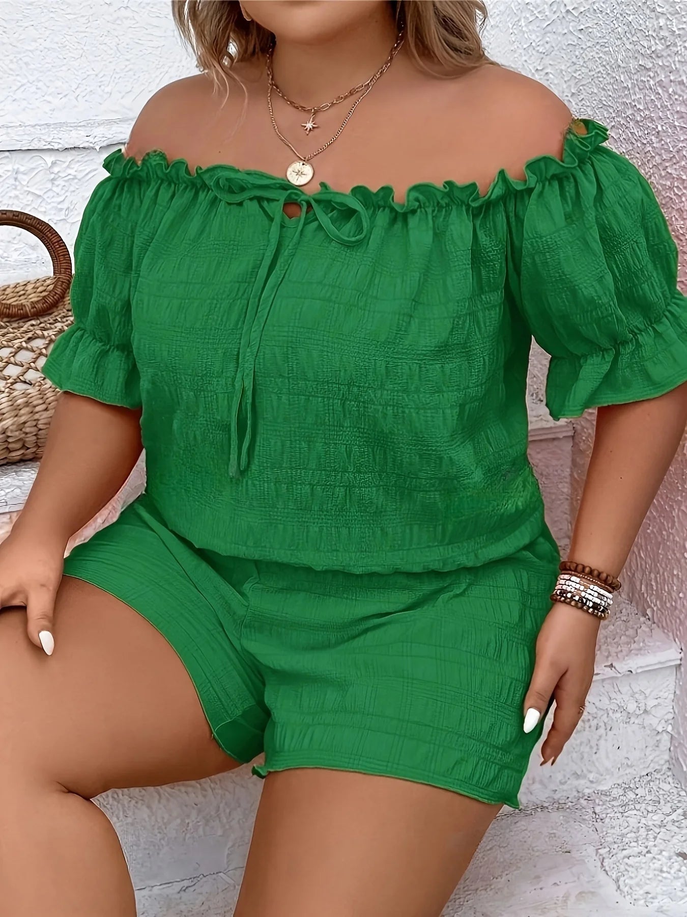 Ensemble 2 Pièces Femme Grande Taille Top Épaules Dénudées + Short Uni Casual Vacances – CLEVI Paris