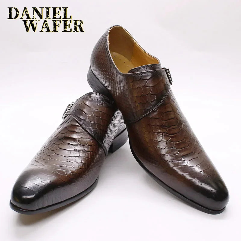 Mocassins Monk Strap Homme Cuir Vache Imprimé Serpent Respirant Talon 2,8cm Bureau Mariage – CLEVI Paris