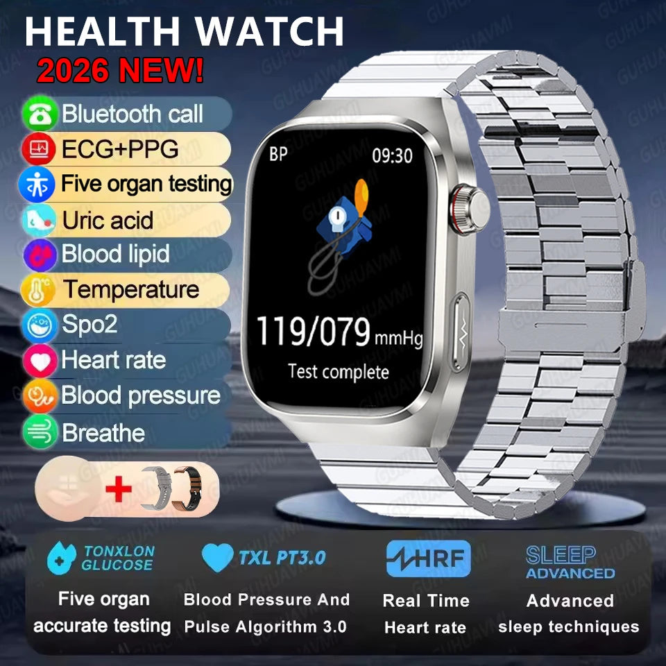 Montre Connectée Santé ECG Acide Urique IMC 5 Organes | AMOLED Verre Saphir IP68