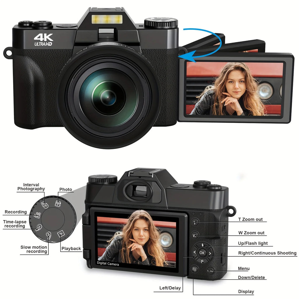 Appareil Photo KOMERY R10 4K 75MP – Autofocus, Double Fill-in LED, Écran 3" 180°, Zoom 16x, WiFi, Webcam, Vlogging – CLEVI Paris