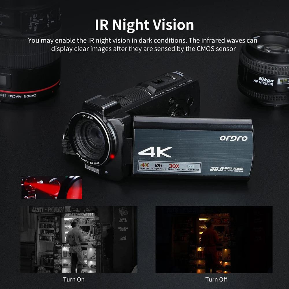 Caméscope Ordro AX10 4K 30MP – Zoom 30x, Vision Nocturne IR, WiFi, Écran Tactile 3,5", Vlogging YouTube, Kit Complet – CLEVI Paris