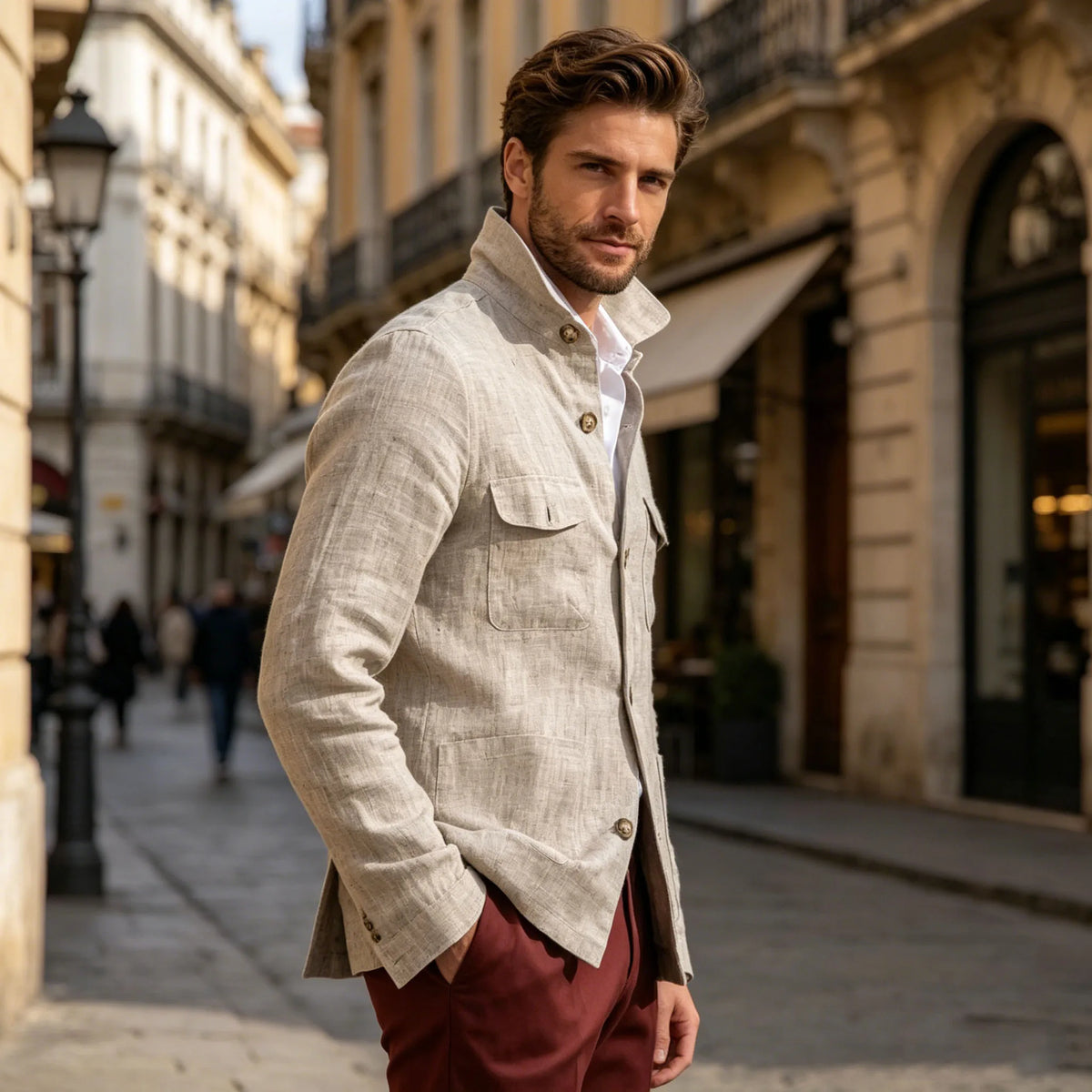 Veste Safari Lin Homme Col Montant – CLEVI Paris