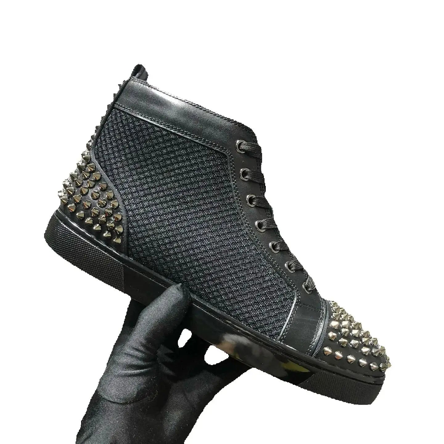 Sneakers Montantes Cuir Véritable Noir Rivets Argentés Homme – Semelle Rouge, Lacets, Tailles 35-48 – CLEVI Paris