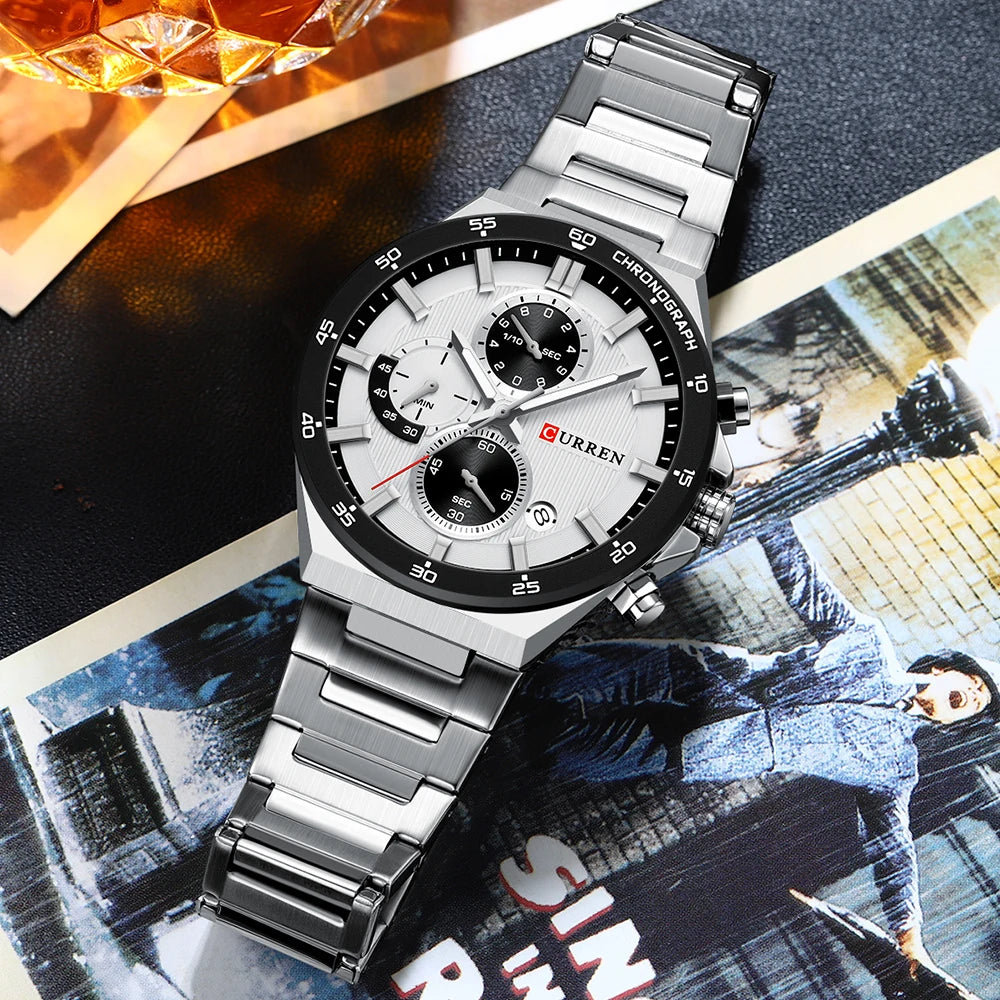 CURREN Montre Quartz Homme Chronographe Panda 43mm Acier Lumineux Date Auto – CLEVI Paris