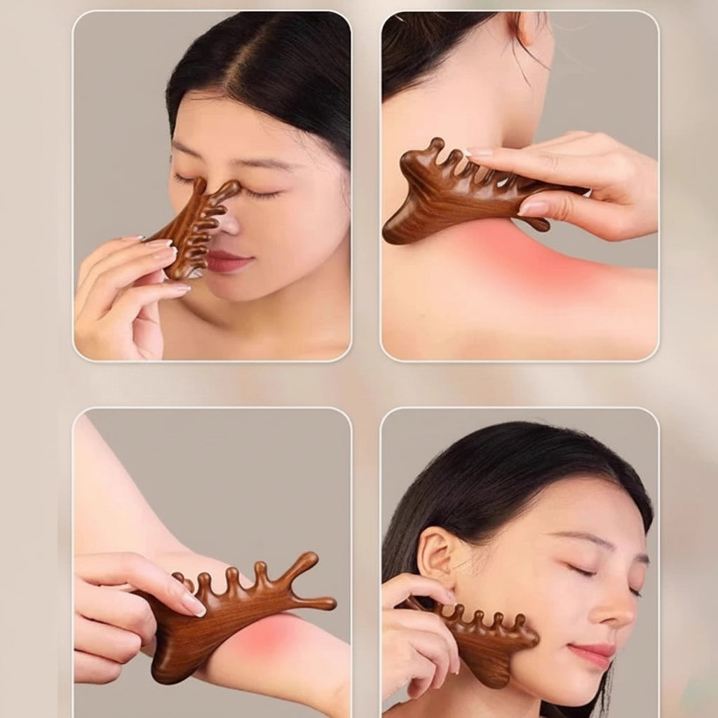Peigne Masseur 4-en-1 en Bois de Santal | Tête, Nuque, Visage & Corps | Acupression – CLEVI Paris