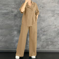 Ensemble 2 Pièces Femme Blouse Col Rabattu Manches Mi-Longues Boutonnée Poches + Pantalon Large Taille Mi-Haute Élastique Casual Bohème Beige Vert Noir – CLEVI Paris