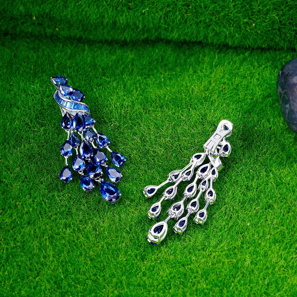 Boucles d'Oreilles Pendantes Saphir Lab | Diamant Haute Carbone Argent 925 Mariage – CLEVI Paris