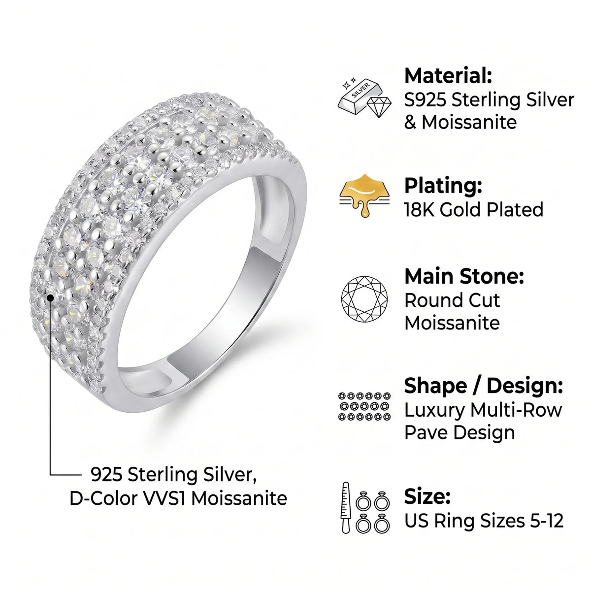 Bague Double Rang Moissanite Pavé Argent 925 – CLEVI Paris