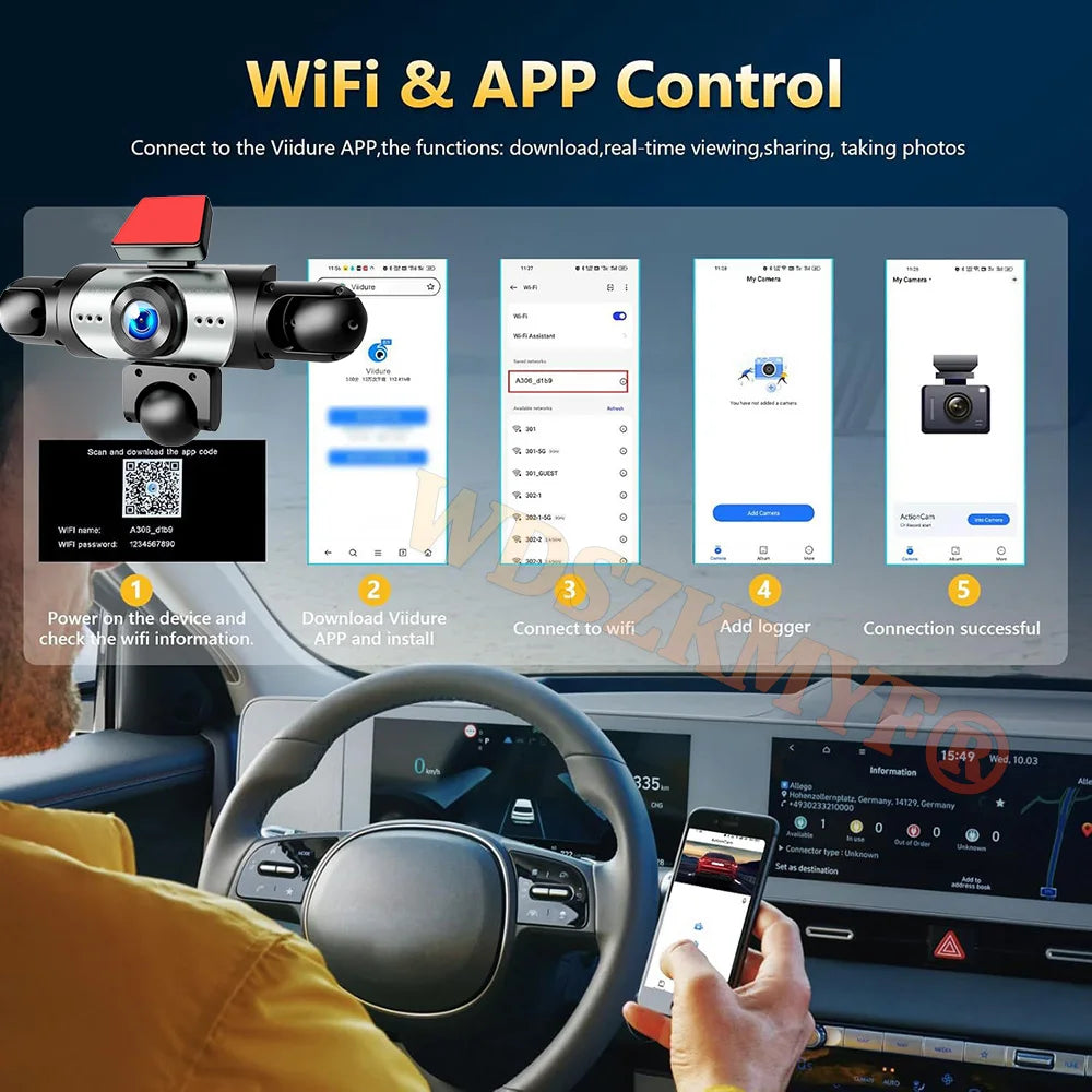 Dashcam 5 Objectifs 360° 1080p – WiFi, Surveillance Parking 24h, Vision Nocturne IR, G-Sensor, App iOS & Android – CLEVI Paris