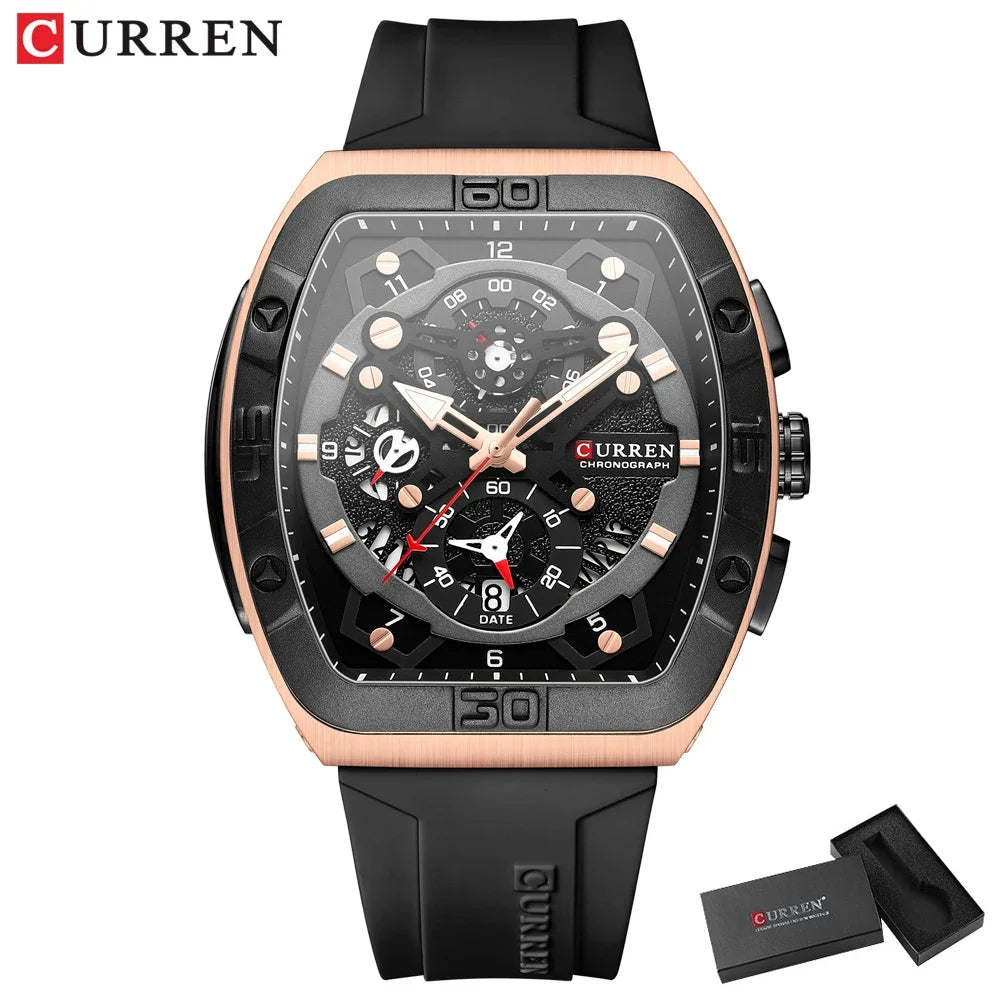 Montre Chronographe Homme CURREN – Boîtier Tonneau, Bracelet Silicone Sport